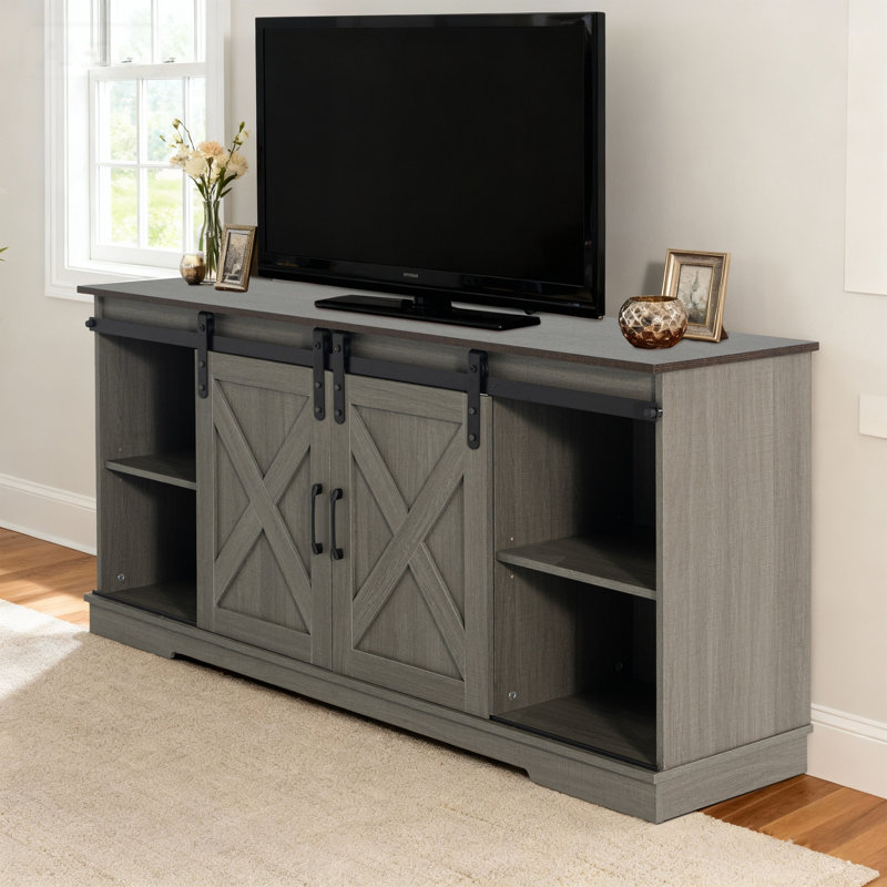 Meuble télé gris de 56 po avec portes de grange coulissantes pour téléviseur de 60 po ou moins Farmhouse