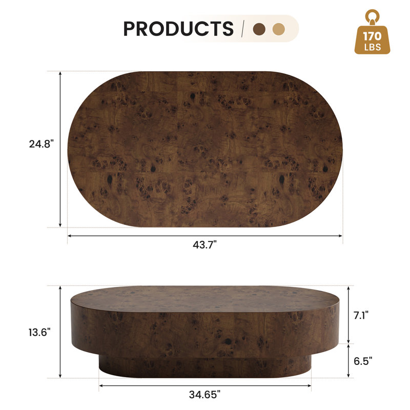 43" Modern Oval Coffee Table With Solid Wooden Veneer, Brown