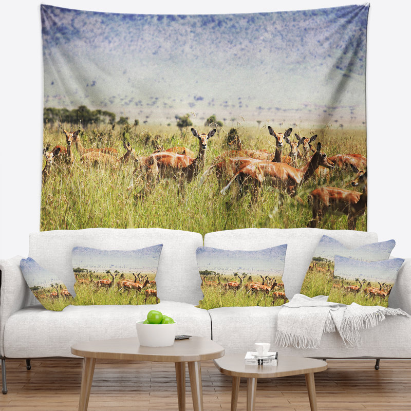 Antilope de tapisserie en gazon africain landscape, H 68 po x l 80 po