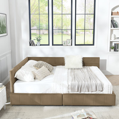  Queen Upholstered Storage Sofa Bed Frame with Backrest and Armrests, Velvet Platform Bed, Brown