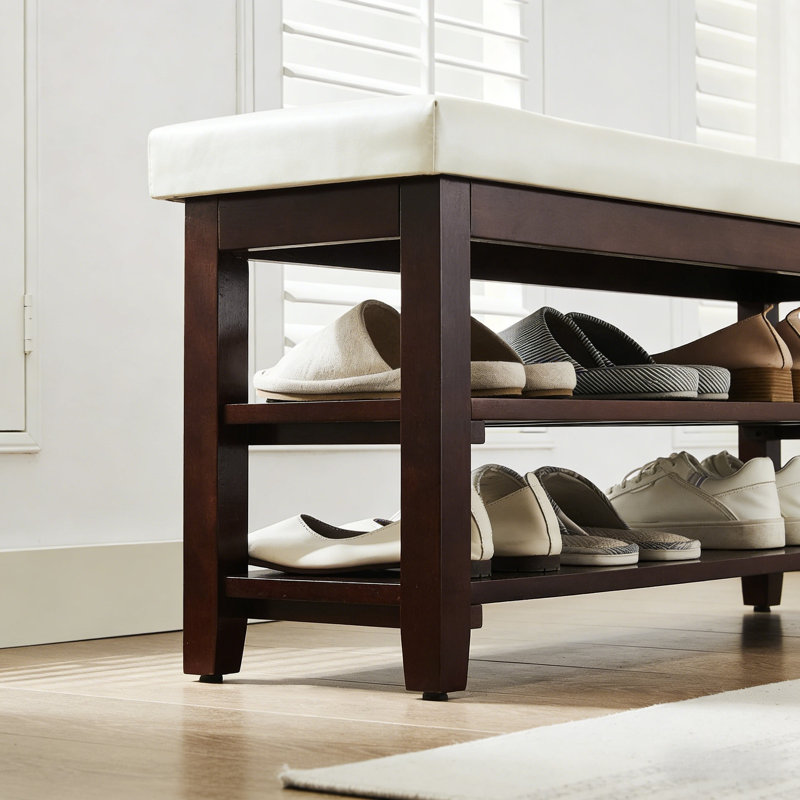 Multi-Purpose Entryway Bench With Cushion & 2-Tier Shoe Storage, Brown/White