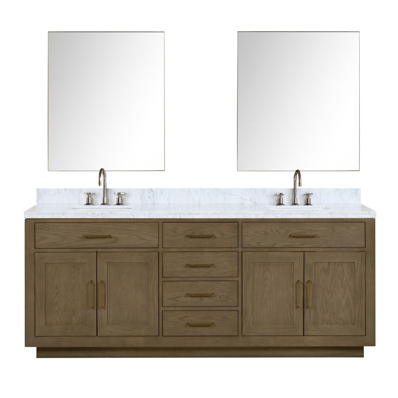 Ensemble de meuble-lavabo double 84 "avec miroir 84", Marbre de Carrare blanc, Chêne gris