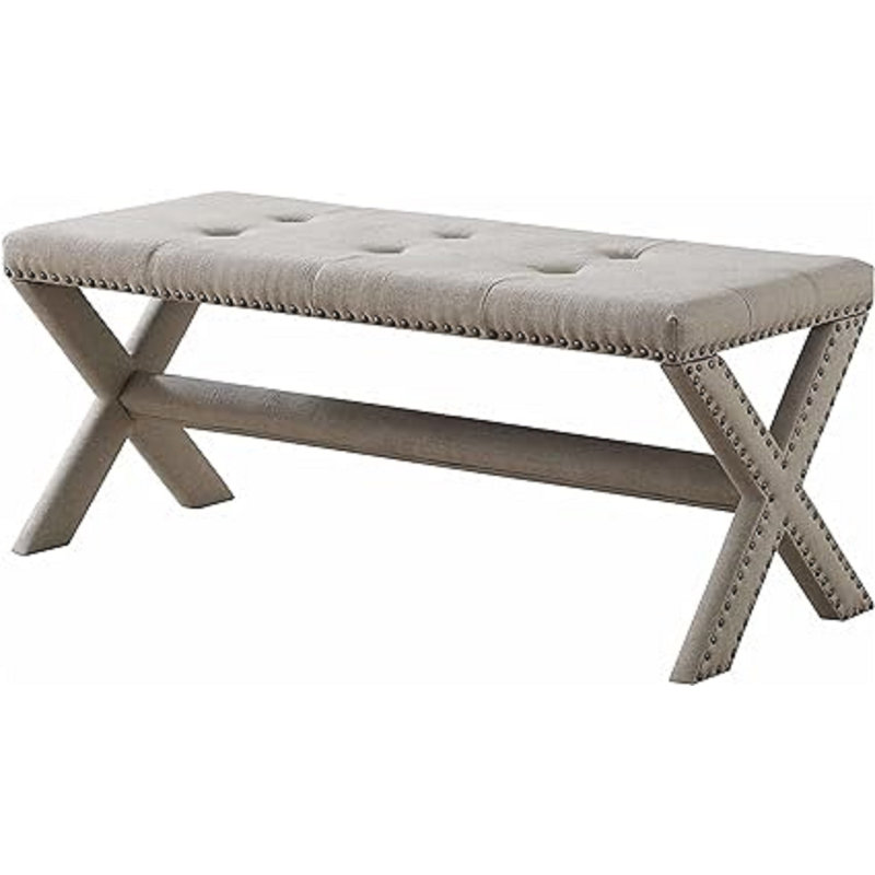 Banc décoratif Glam avec garniture cloutée, siège capitonné, banc de chambre rembourré, naturel, Naturel