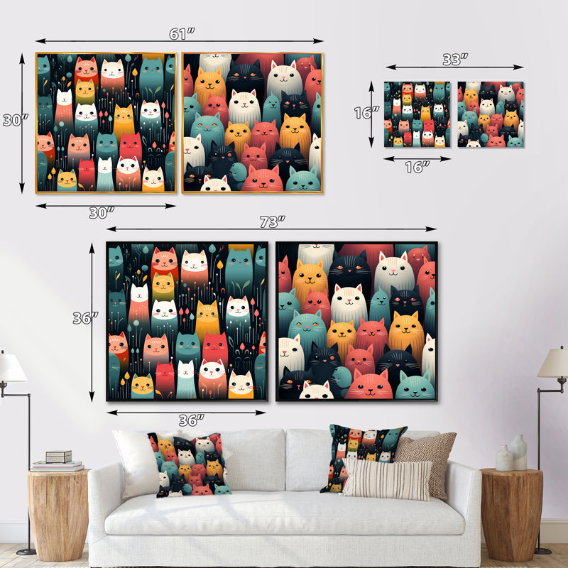 Green Curious Cats, papier peint pour enfants, ensemble de 2 collages carrés, Toile tendue, H 30 po x l 61 po