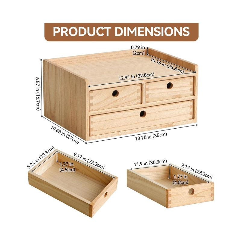 Wood Desktop Organizer with 3 Drawers & 1 Shelf, Wooden Storage Box for Home Workspace & Office Supplies, Beige