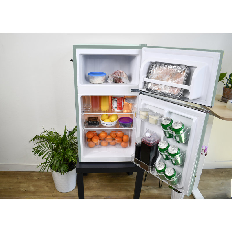 FRIGIDAIRE Retro 2-Door Compact Fridge Freezer Combo, 3.1 Cu. Ft., Stainless Steel, Built-in Bottle Opener, Mint