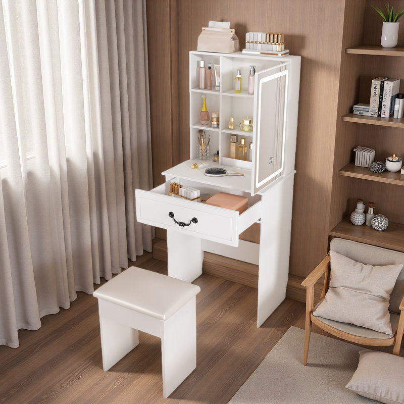 Mini meuble-lavabo blanc moderne avec miroir à DEL, rangement dissimulé, tablettes à plusieurs niveaux et tabouret rembourré