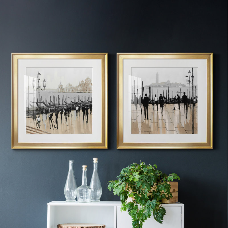 «Quiet Gondolas I», ensemble de 2 reproductions d'art graphique, H 17,5 po x l 35 po x P 1,5 po, Papier encadré doré, Blanc