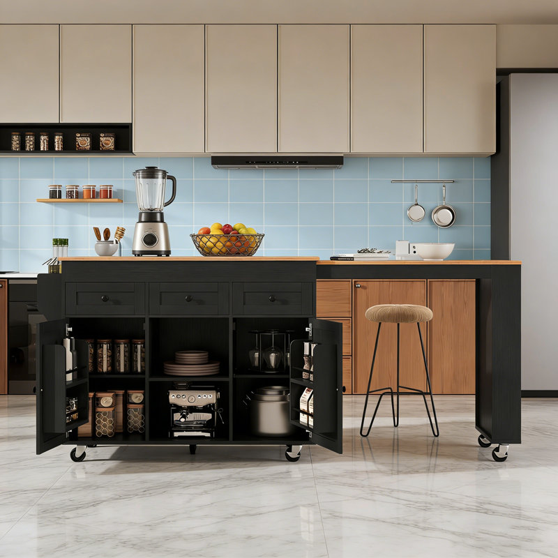 85.5" Kitchen Island with Extendable Dining Table, Black