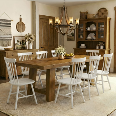 Solid Wood Dining Table Set, Rectangular Distressed Pine Dining Table And Slat Back Windsor Dining Chairs For Kitchen/Dining Room