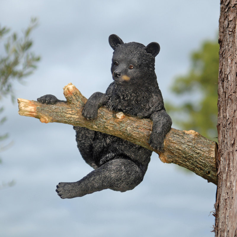 Hand-Painted Black Resin Climbing Bear Cub Garden Statue