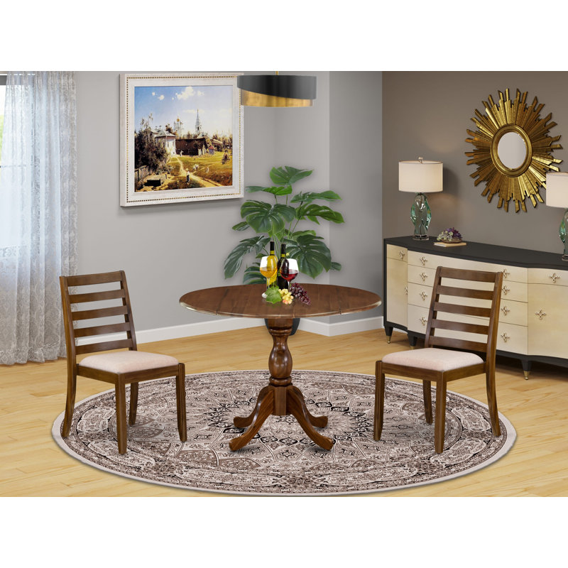 F313A72B9DA0471FA414A5BDBFDB2D96 3-pc Kitchen Table set - a Round Table and 2 Light Tan Linen Fabric stackable Chair, Antique Walnut Finish.