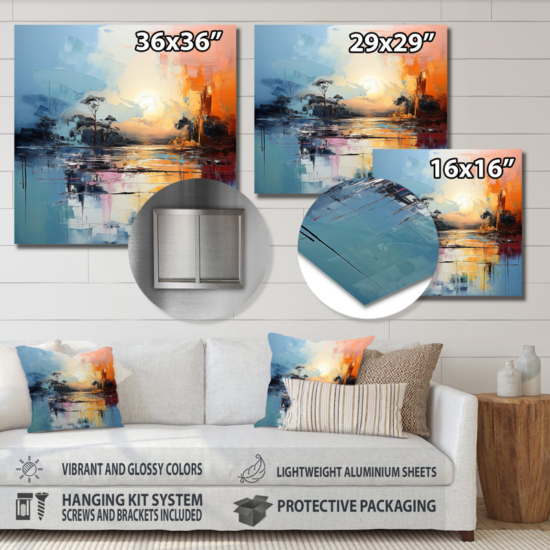 «Yellow and Blue Lake Landscapeexpressions», reproduction d'art murale abstraite en métal, H 29 po x l 29 po