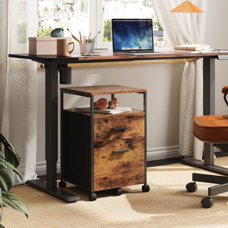 2 Drawer File Cabinet, Mobile Printer Stand With Open Storage Shelf, Brown