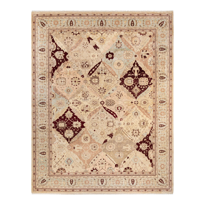 Tapis ivoire / bourgogne noué à la main de conception unique Lillianah Mogul 9 pi 3 po x 11 pi 10 po