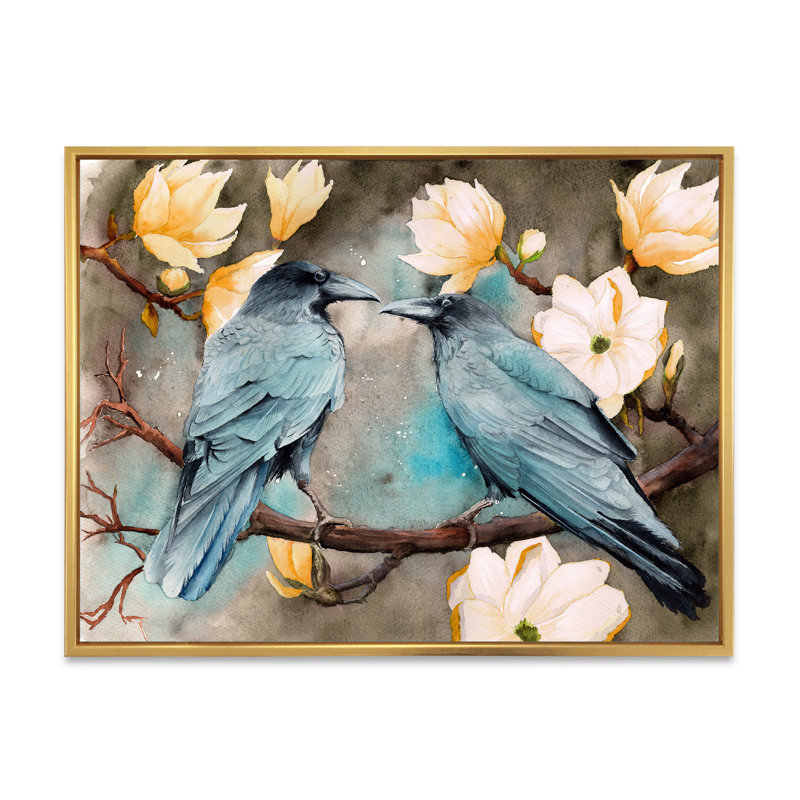 Deux corbeaux sur les branches de magnolia avec fleurs - reproduction sur toile, H 34 po x l 44 po x P 1,5 po