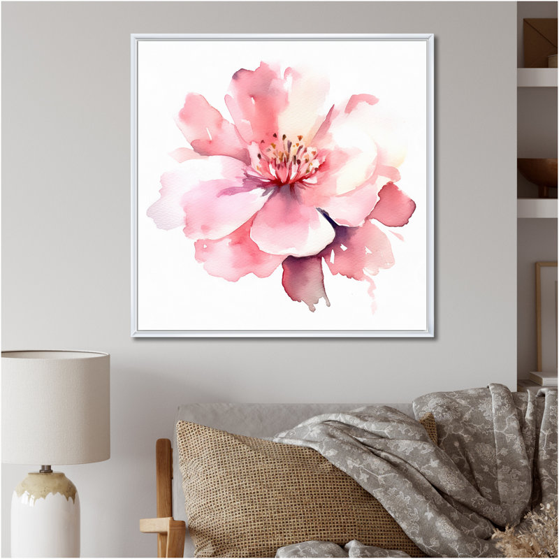Délicate fleur d'hibiscus rose I sur toile, Cadre flottant blanc, H 36 po x l 36 po x P 1,5 po