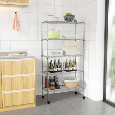 Rishaan 30'' W Metal Height-Adjustable Shelving Unit with Wheels, Rolling Storage Rack Organizer for Kitchen, Garage, Pantry and Utility Room