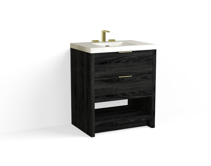 Vue 30" W Freestanding Single Bathroom Vanity, Nimbus, Glossy White/8" Widespread, Matte Black