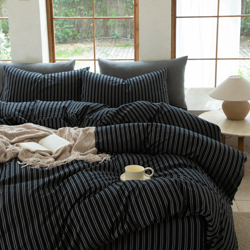 XINMIANFANG Striped Duvet Cover Set 100% Washed Cotton Linen Texture Bedding Set 3 Pcs Comforter Cover with Zipper