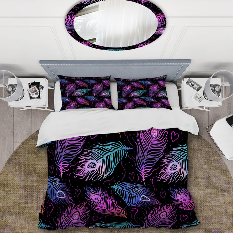Ensemble de housse de couette en microfibre mauve / noir / bleu 3 pièces, Housse de couette pour très grand lit et 2 très