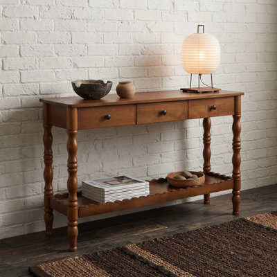 Solid Wood 47.2" Console Table with 3 Drawers and Decorative Storage, Wooden Sofa Table Behind Couch with Carved Legs