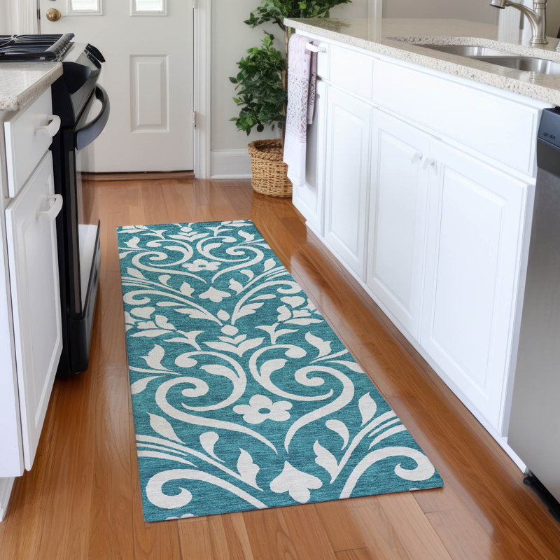 Tapis bleu sarcelle lavable à la machine Premium Prisco, Tapis de couloir 2 pi 3 po x 7 pi 6 po