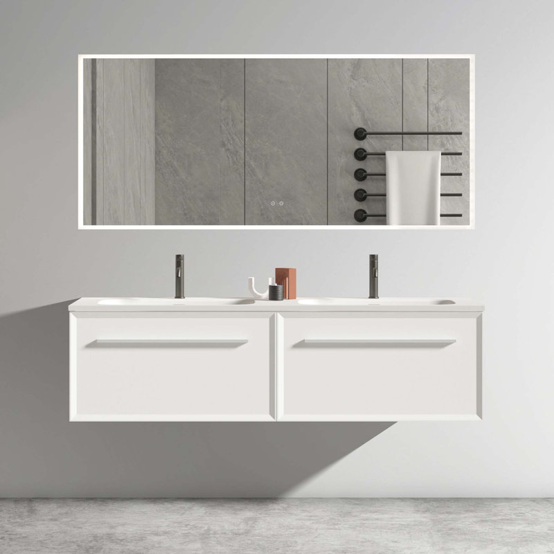 Meuble-lavabo mural moderne avec tiroir à lumière DEL automatique et lavabo intégré, Blanc
