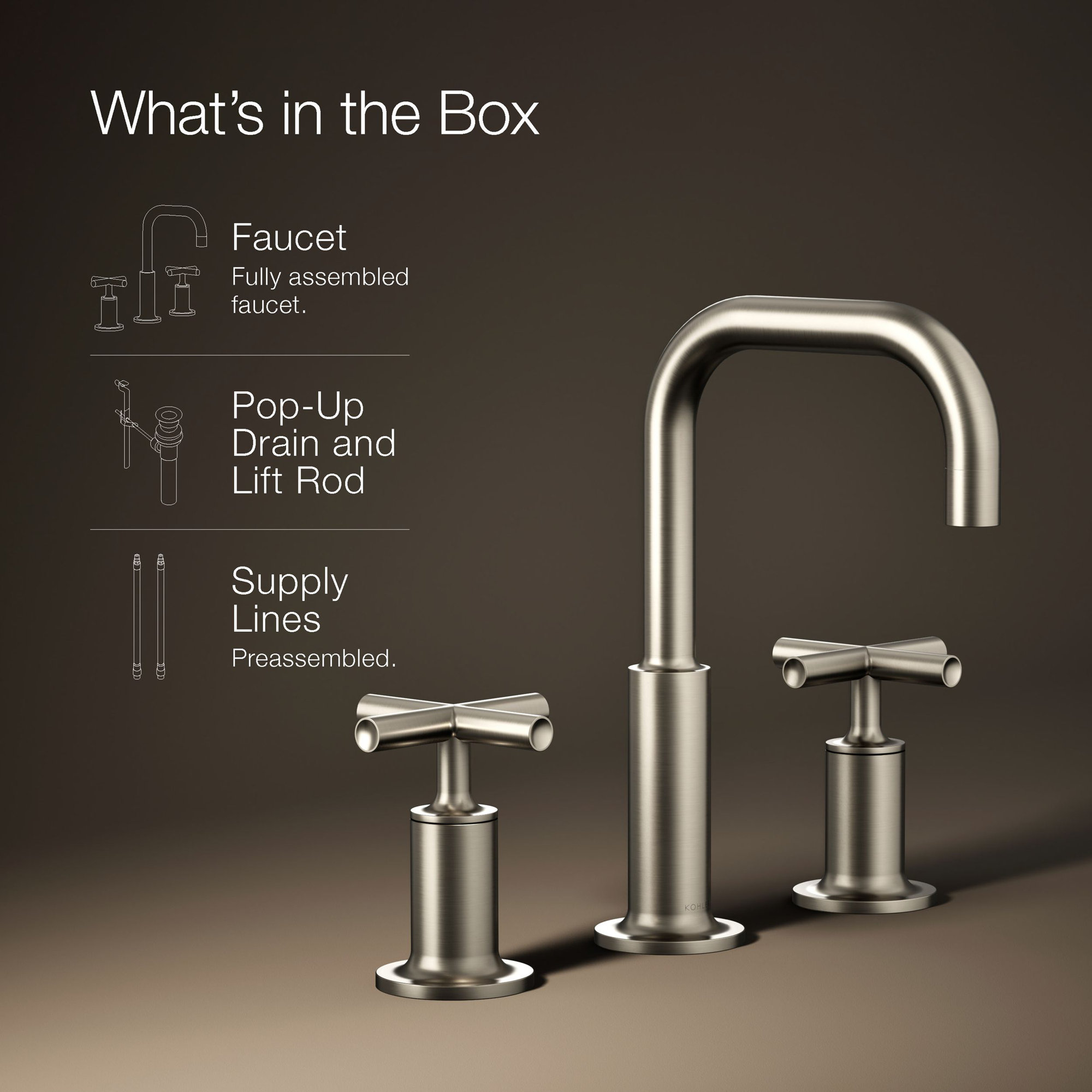 Kohler Purist Widespread Bathroom Faucet with Pop-Up Drain Assembly, 3-Hole High Arc Cross Handle Bathroom Sink Faucet, 1.2 gpm