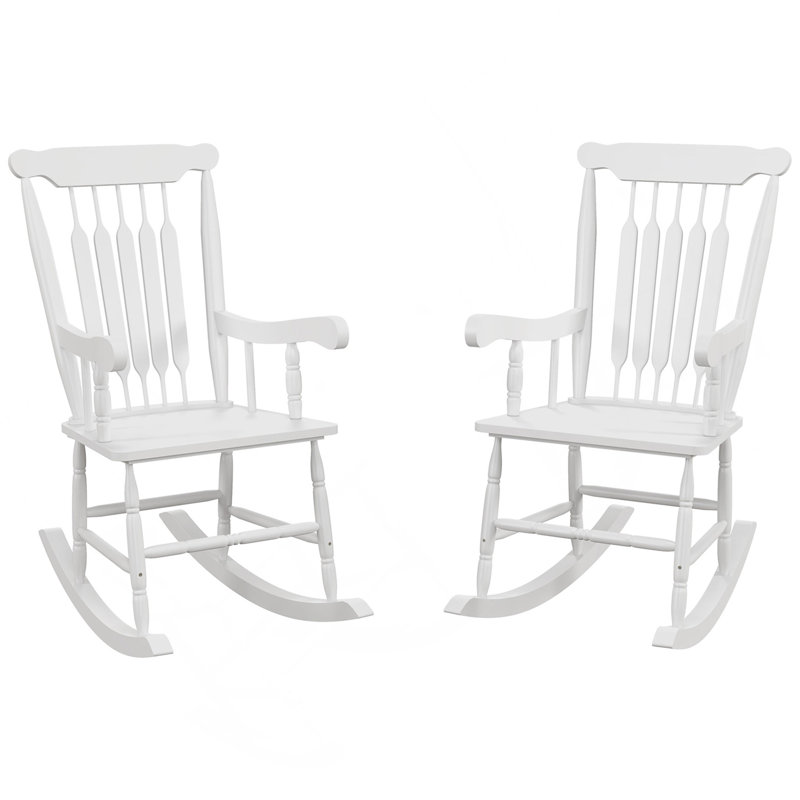 Ensemble de 2 chaises berçantes d'extérieur en bois Outsunny, 350 lb Balancelles de véranda avec dossier haut pour le jardin, le patio, le balcon, le blanc