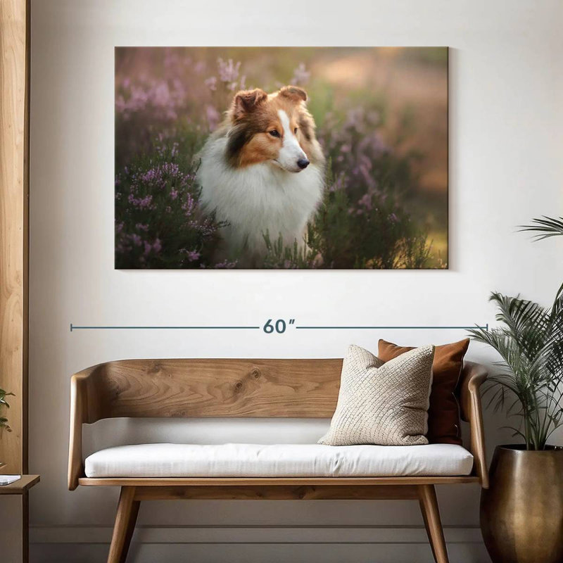 Sheltie et fleurs, H 32 po x l 48 po