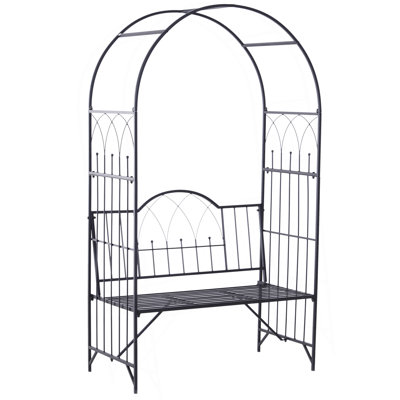 Arche en treillis en métal pour plantes grimpantes avec banc de jardin, raisins et vignes, décor de patio et sièges décoratifs entrelacés pour 2 personnes avec embouts, 484 lb Capacité de poids, noir