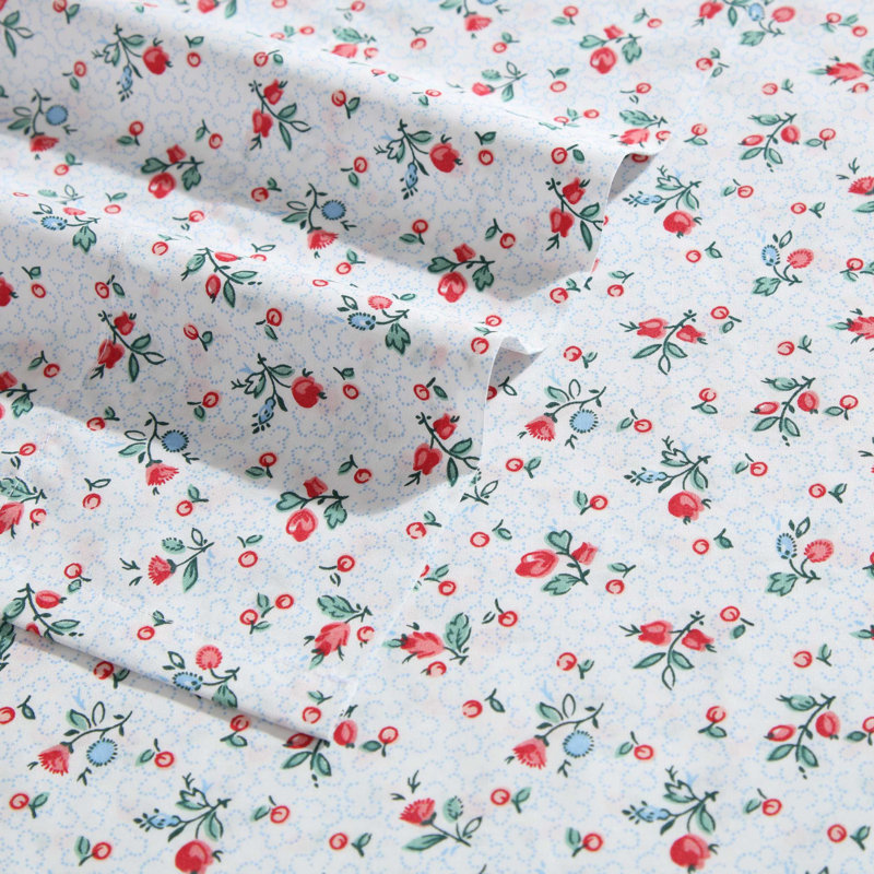 Twin White Floral Cotton Percale Sheet Set