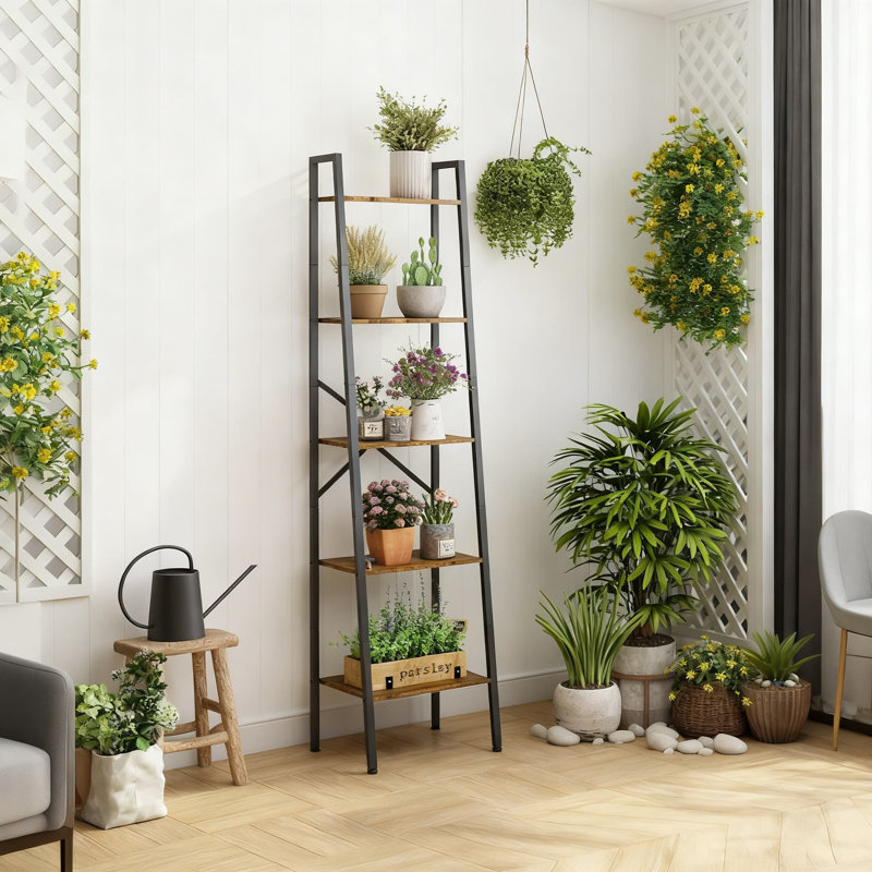 5-Tier Industrial Ladder Bookshelf With Metal Frame, Narrow Tall Standing Storage Shelf For Living Room, Home Office, Kitchen And Bedroom Organization