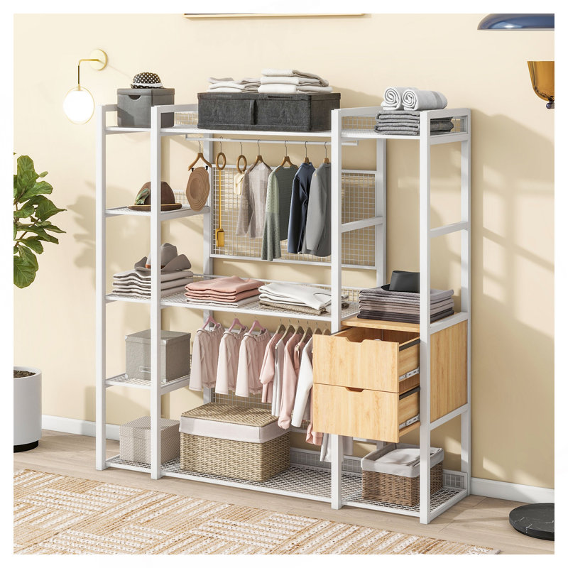 Armoire ouverte avec rails suspendus, tablettes et tiroirs, blanc