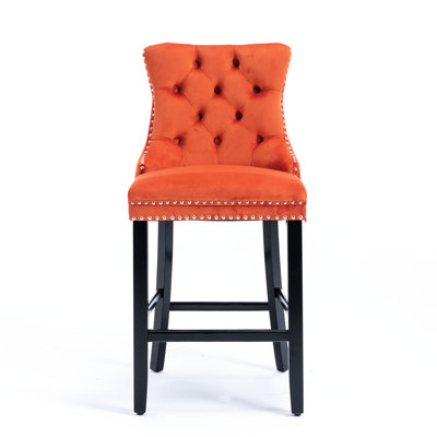 Stylish Velvet With Button Design, Solid Wood Legs, Of 2  Orange Mid-Century Style , , Adjustable Height,