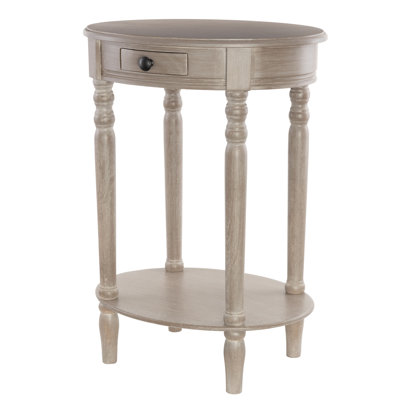 Meadville Wood Whitewashed Oval 1 Drawer and 1 Shelf Side End Light Brown Accent Table with Turned Legs