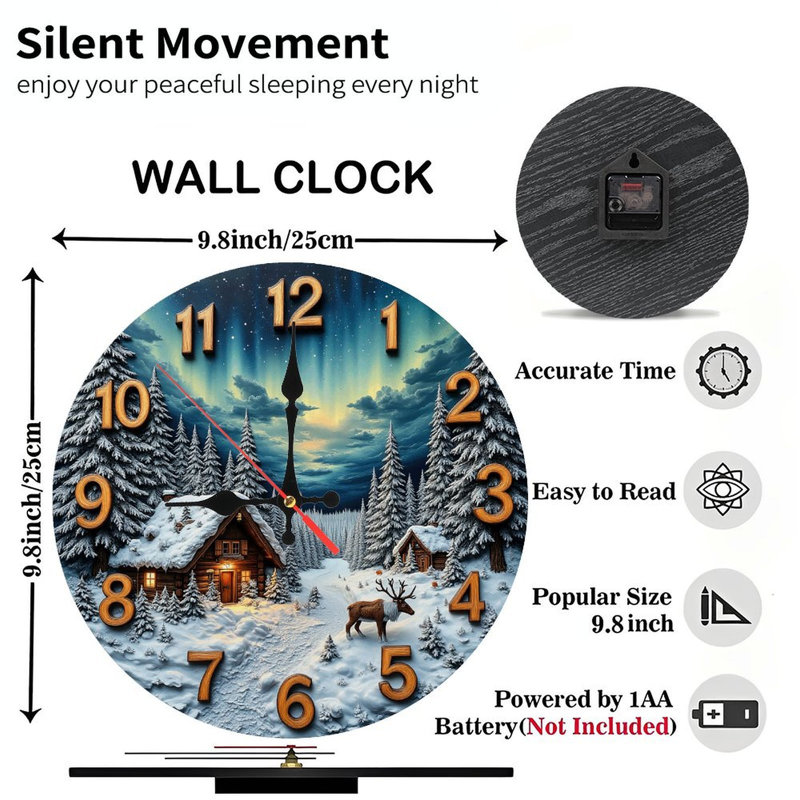 Winter Cabin Clock Reindeer Snow Forest Scene Wall Art