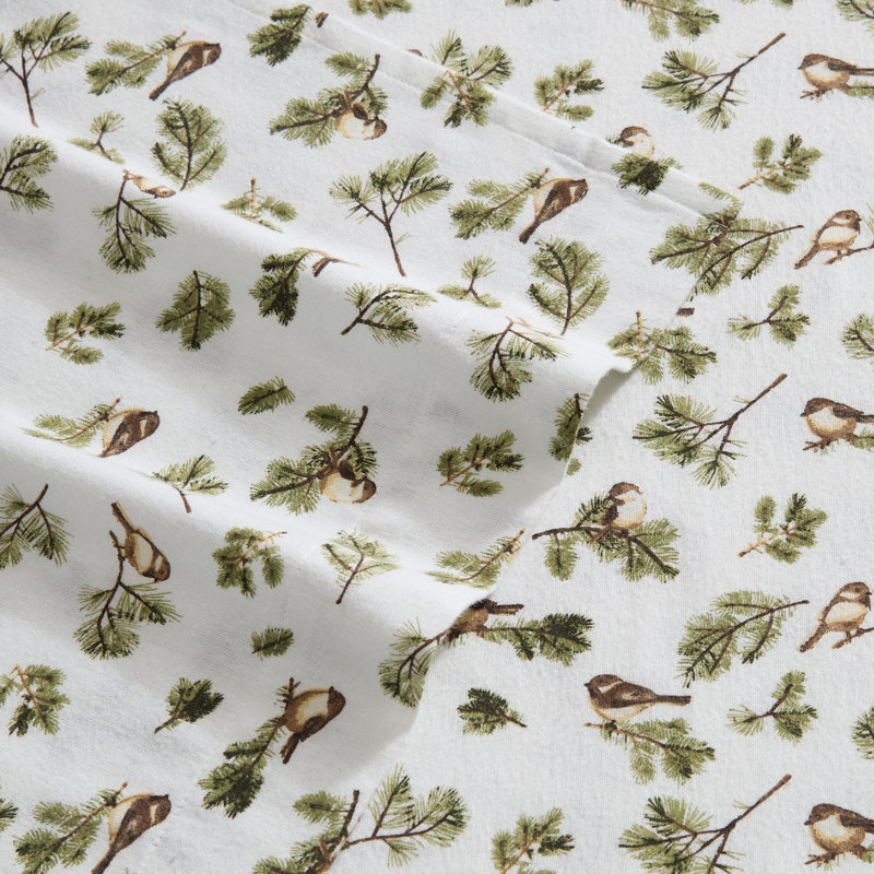 Ensemble de draps en flanelle de coton imprimé Martha Stewart, Twin, Chickadee Pines Green