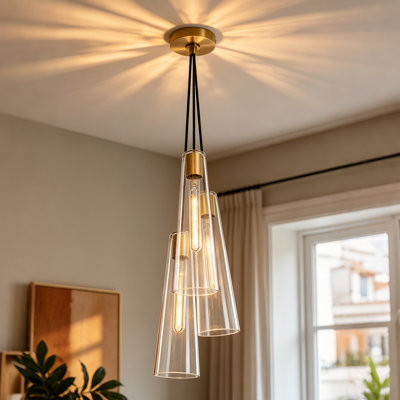3-light Brass Cone Pendant Light – Dimmable, Clear Glass Shade, Adjustable Height For Kitchen Island & Dining Room