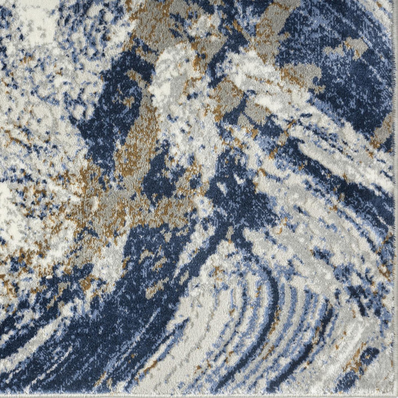 Abstract Machine Woven Polypropylene Marble Area Rug in Blue, Rectangle 4' x 5'