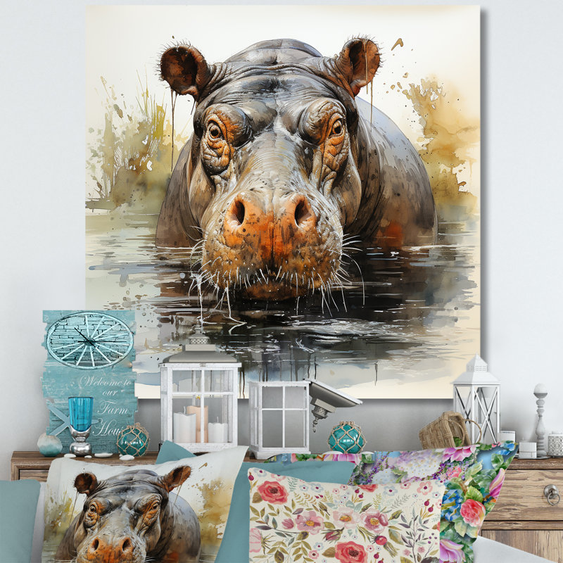 Hippopotame gris et gris, H 16 po x l 16 po x P 1 po, Toile tendue