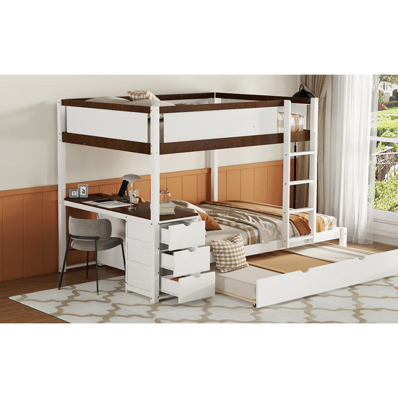 Lit superposé avec lit gigogne, rangement et bureau, Blanc/noyer, Double sur double