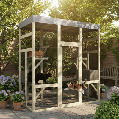 Tapis d'extérieur en bois 62,6 po avec toit imperméable et plateformes multi-niveaux gris