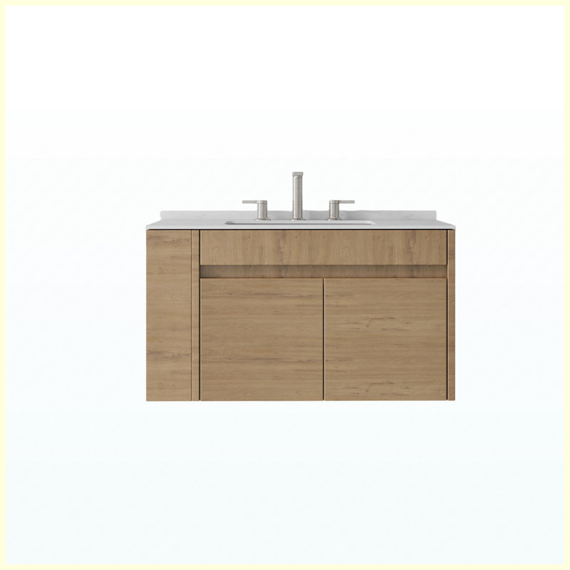 Meuble-lavabo flottant 36 po avec lavabo, porte à fermeture douce, comptoir en marbre de culture blanc de Carrare 0,6 po et dosseret, contreplaqué, chêne