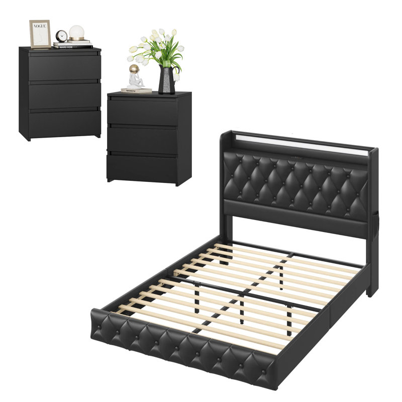 3-Piece Bedroom Sets, LED Floating Bed With Charging Port, 2  Nightstands, Queen, Black