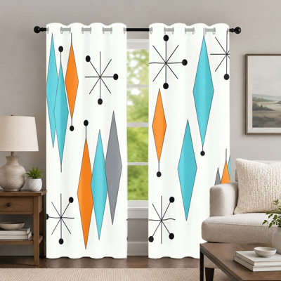 2Pcs Mid-Century Modern Curtains, Retro Geometric Diamond Pattern Print Drapes, Abstract Starburst Decorative Grommet Window Treatments for Bedroom Living Room Decor