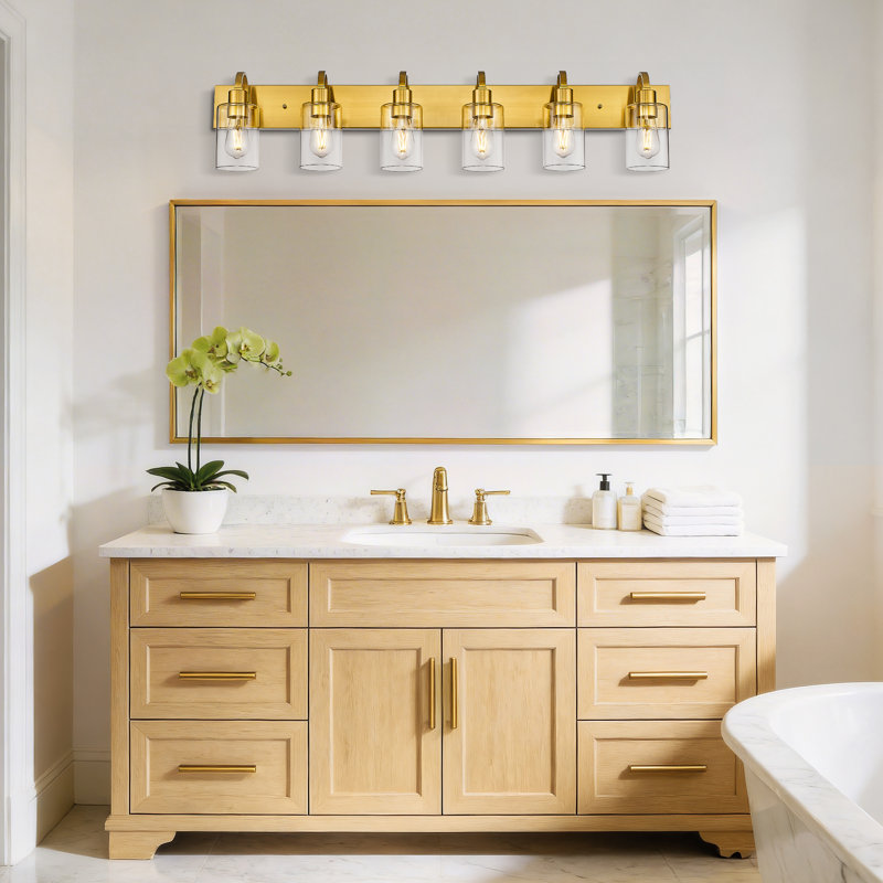 Éclairage pour meuble-lavabo moderne à intensité variable 6 lumières, abat-jour en verre transparent, or brossé, Six lumières