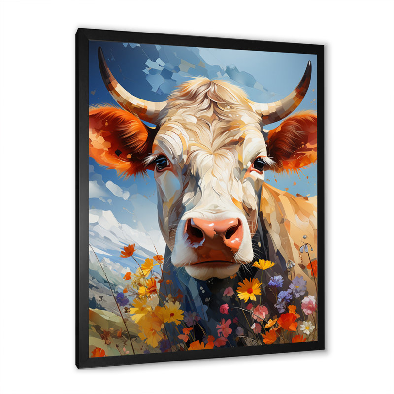 Lynkon Cow Floral Grazing III, reproduction d'art sur toile, Cadre photo noir, H 40 po x l 30 po x P 1,5 po