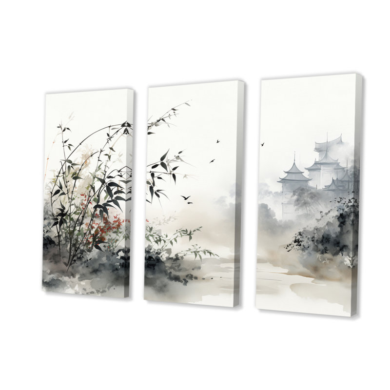 Asian Art Sumi Bird Serenity X III - Ensemble de salon mural asiatique, H 40 po x l 60 po x P 1 po